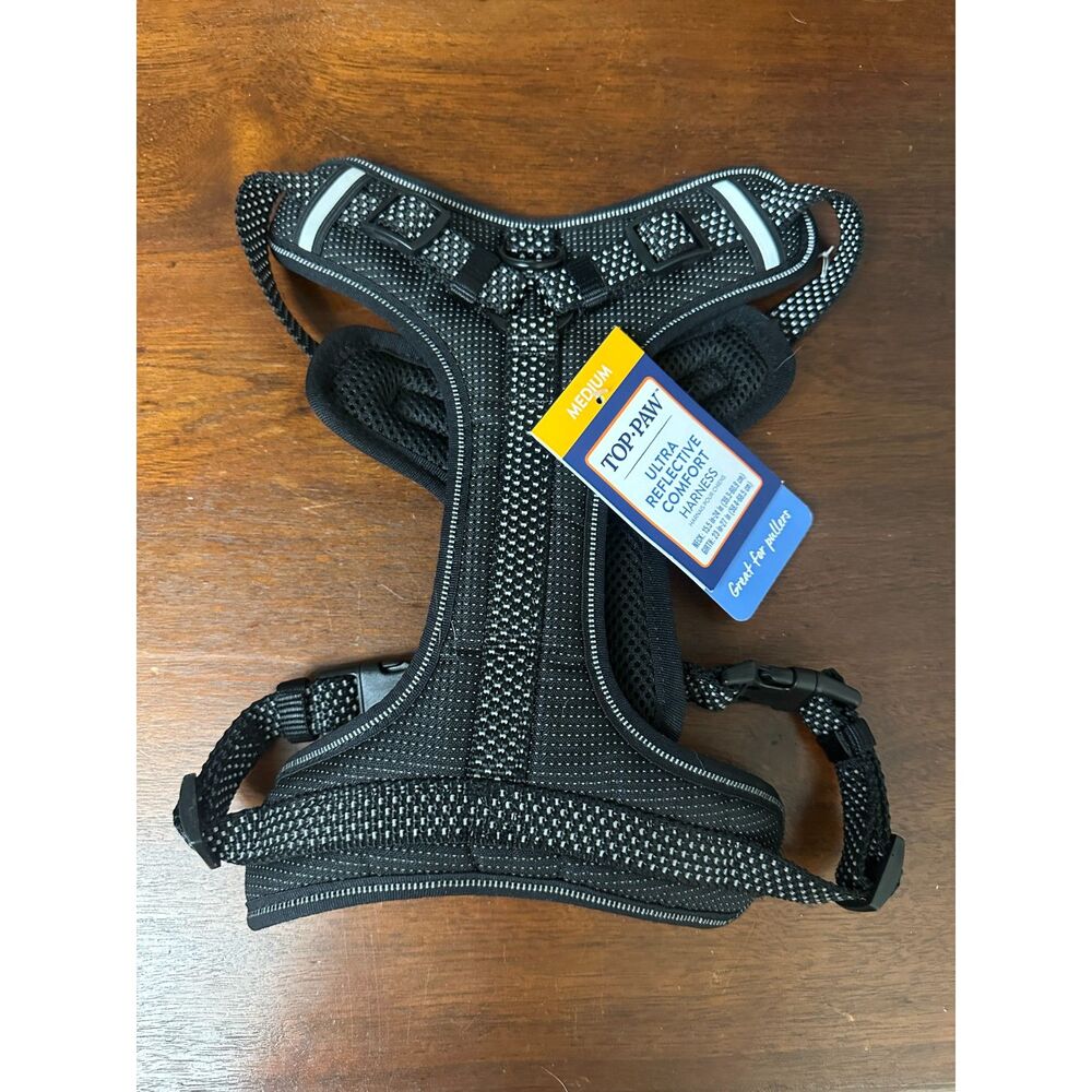 Top Paw Ultra Reflective Comfort Dog Harness Size Medium Black Adjustable Padded